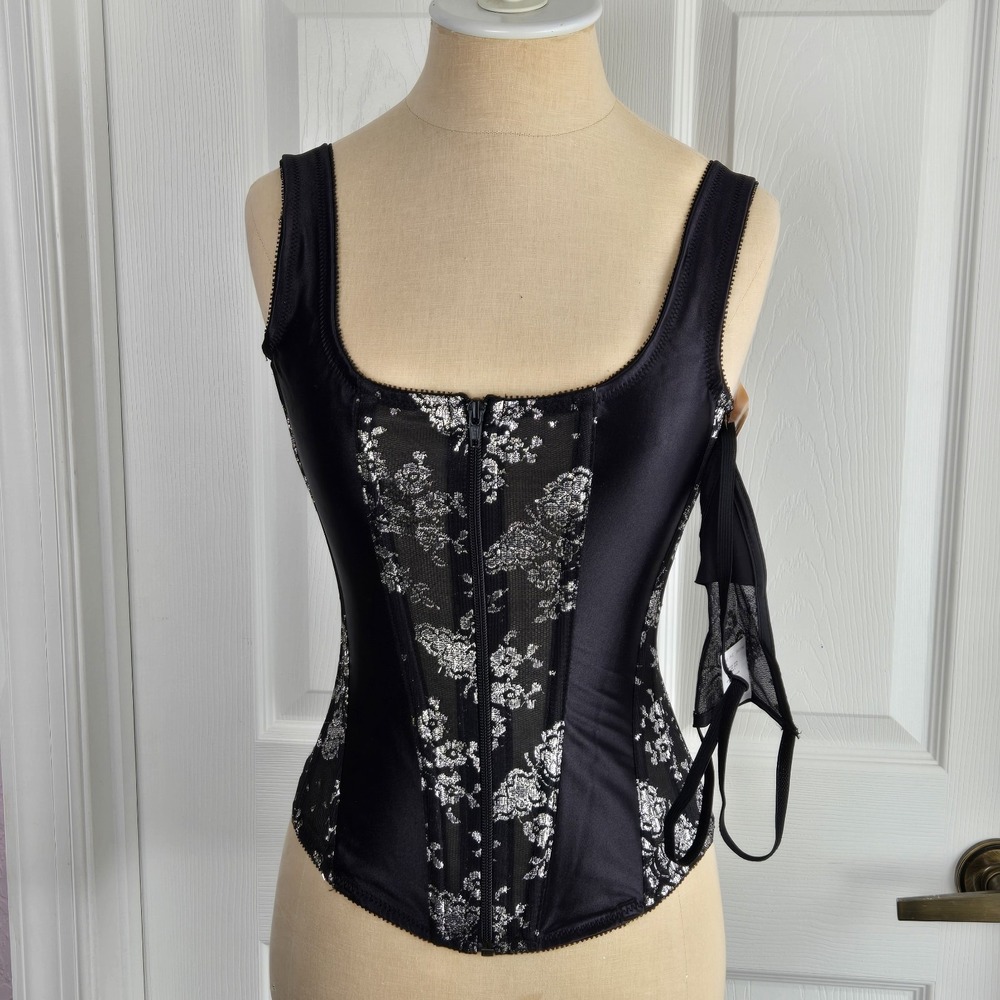 Empire Intimates Vtg Black Silver Corset Bustier Top Thong‎ Size 32 Lingerie USA